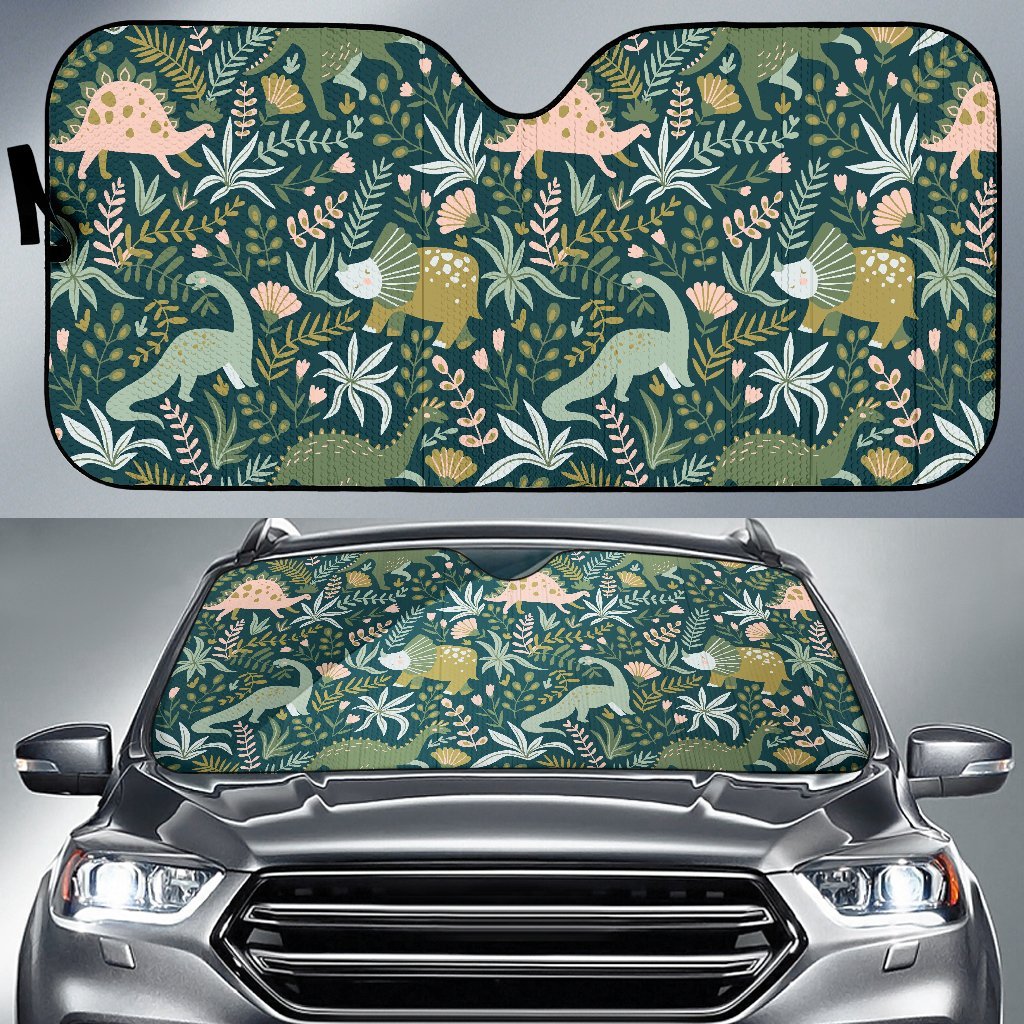 Dino Dinosaur Flower Leaf Pattern Print Car Sun Shade-grizzshop