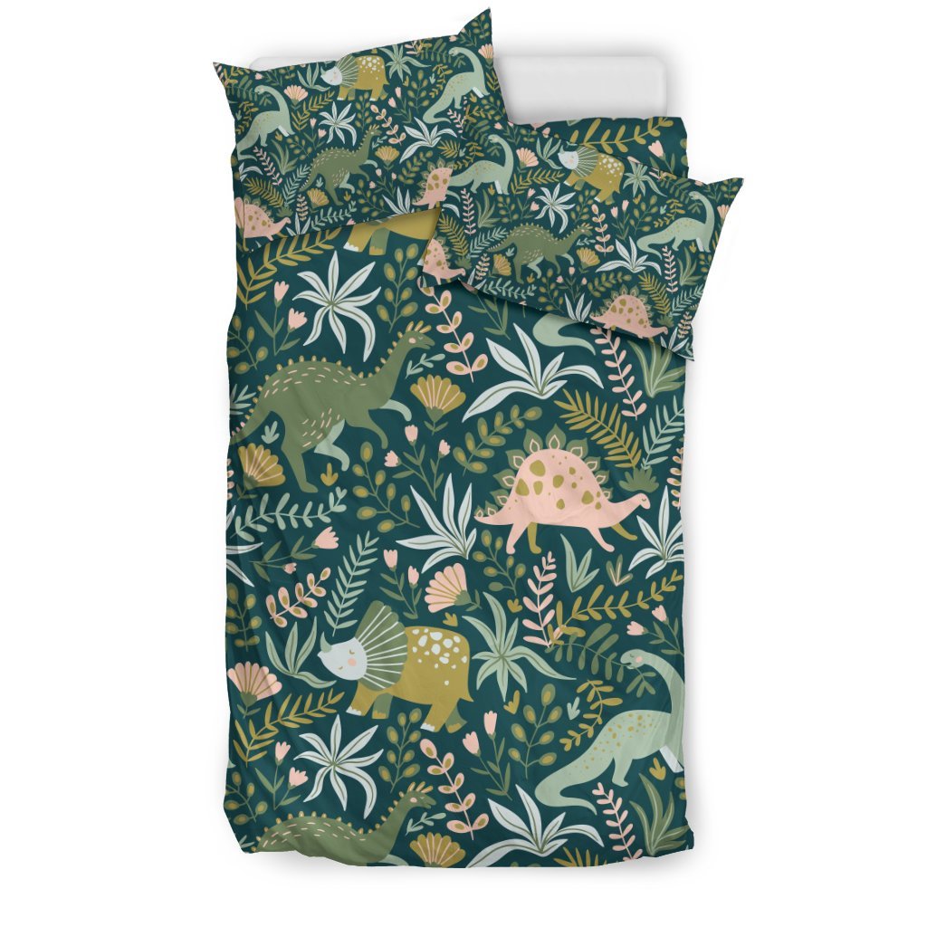 Dino Dinosaur Flower Leaf Pattern Print Duvet Cover Bedding Set-grizzshop