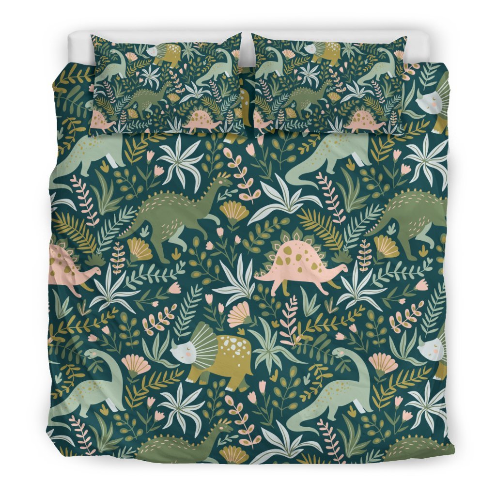 Dino Dinosaur Flower Leaf Pattern Print Duvet Cover Bedding Set-grizzshop