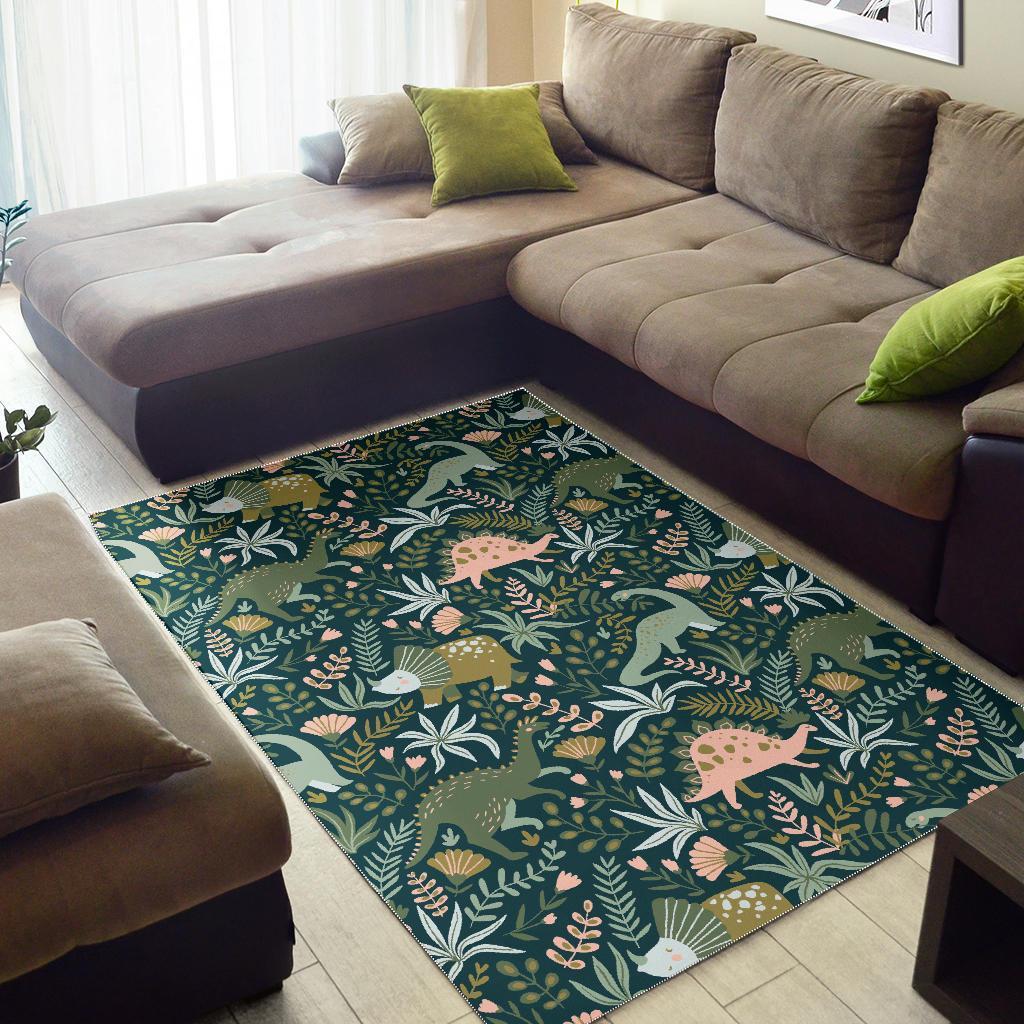 Dino Dinosaur Flower Leaf Pattern Print Floor Mat-grizzshop