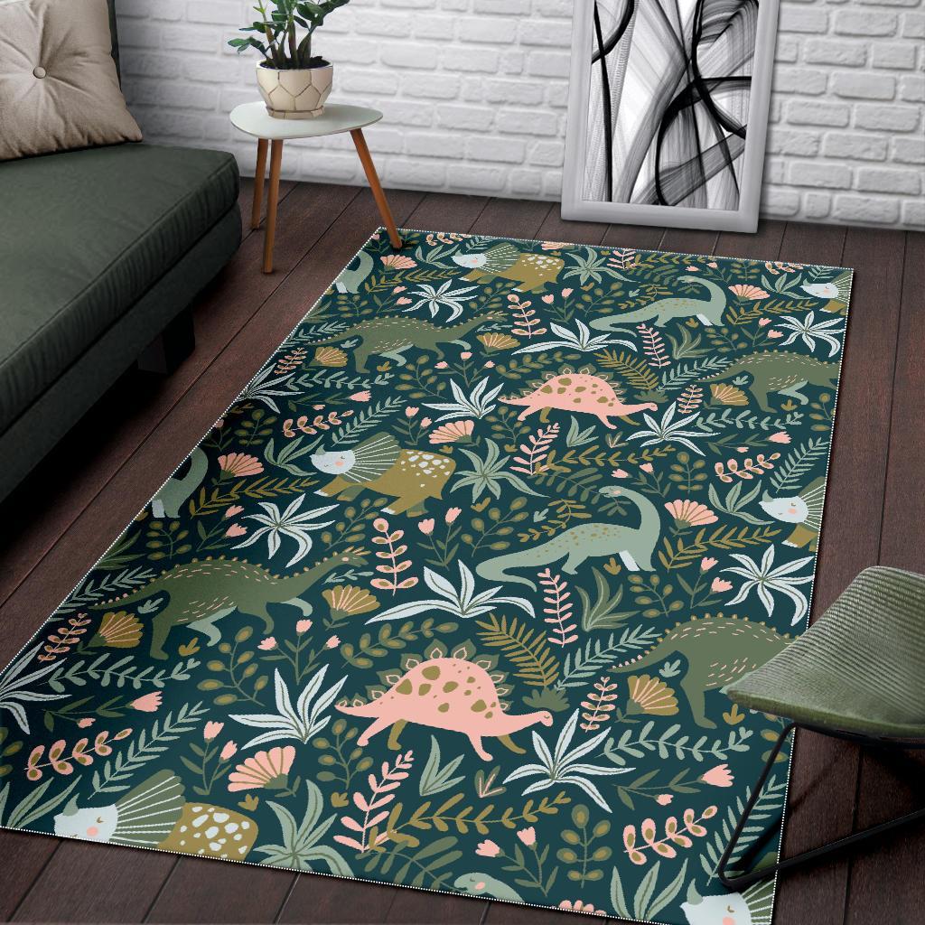 Dino Dinosaur Flower Leaf Pattern Print Floor Mat-grizzshop