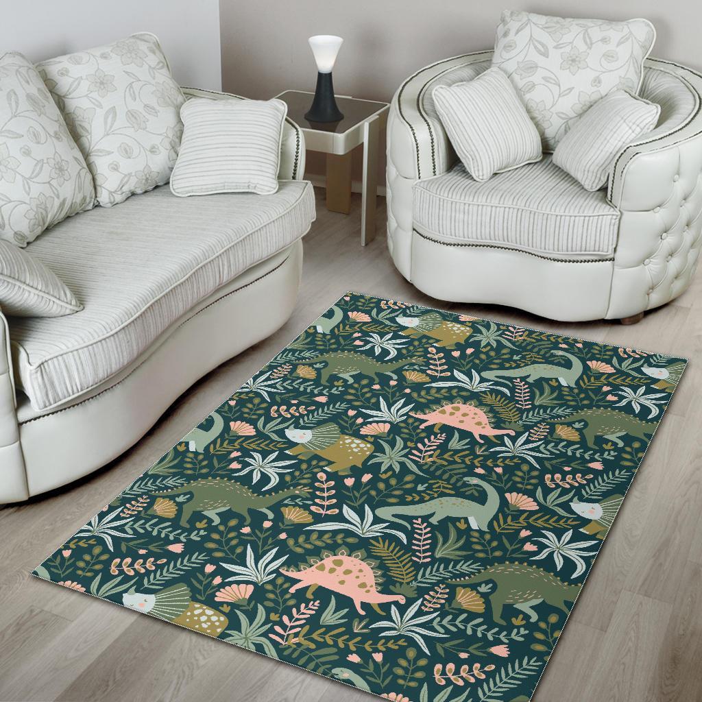 Dino Dinosaur Flower Leaf Pattern Print Floor Mat-grizzshop