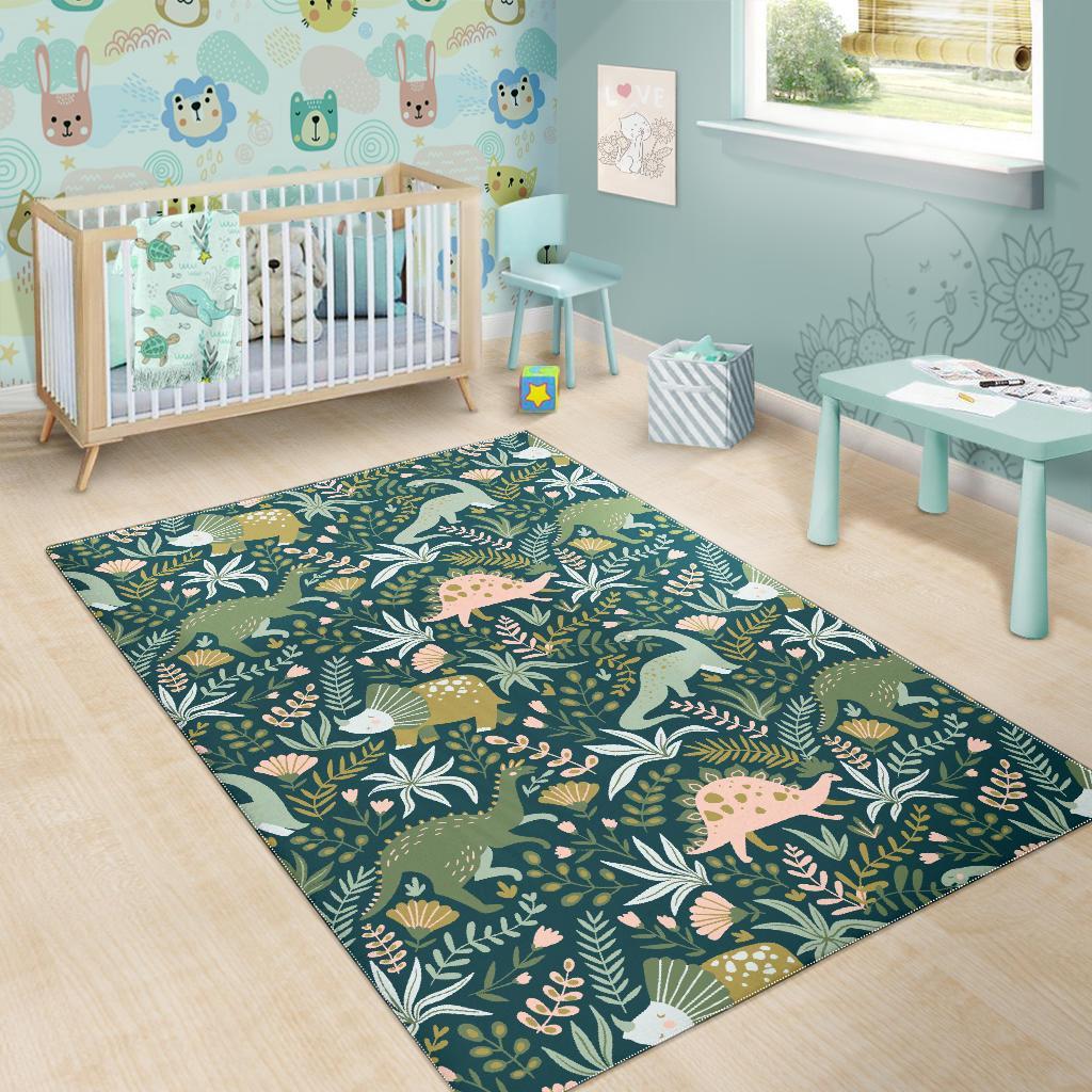 Dino Dinosaur Flower Leaf Pattern Print Floor Mat-grizzshop