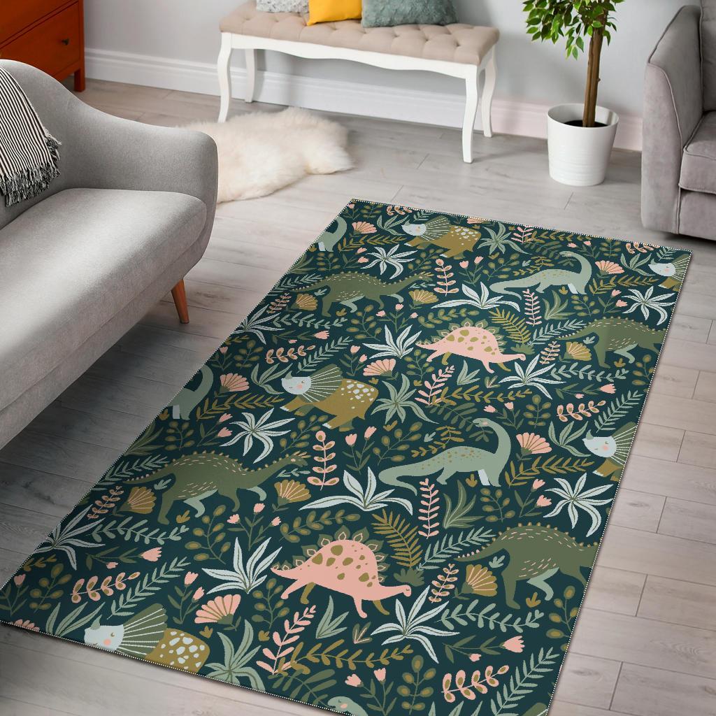 Dino Dinosaur Flower Leaf Pattern Print Floor Mat-grizzshop