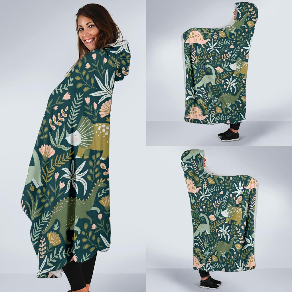 Dino Dinosaur Flower Leaf Pattern Print Hooded Blanket-grizzshop
