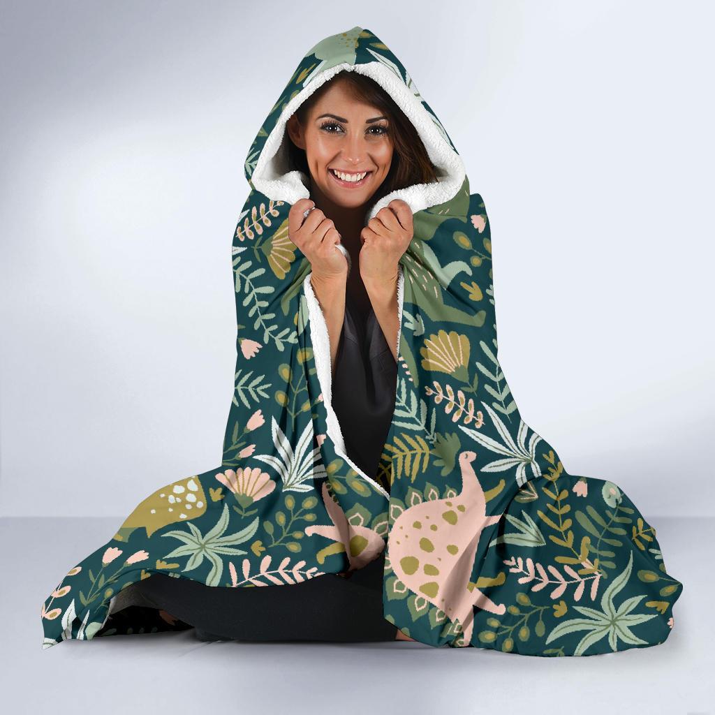 Dino Dinosaur Flower Leaf Pattern Print Hooded Blanket-grizzshop