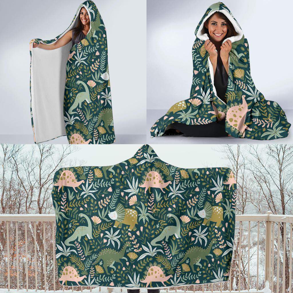 Dino Dinosaur Flower Leaf Pattern Print Hooded Blanket-grizzshop