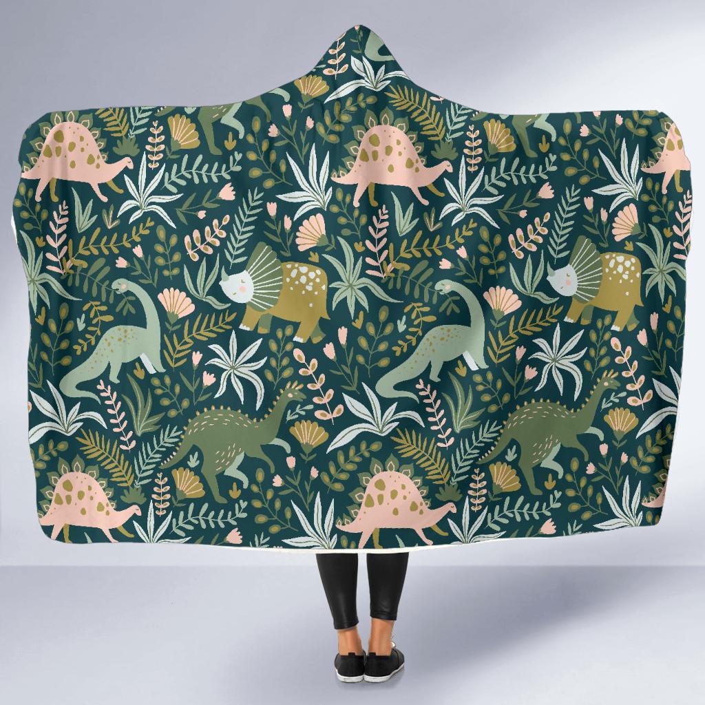 Dino Dinosaur Flower Leaf Pattern Print Hooded Blanket-grizzshop