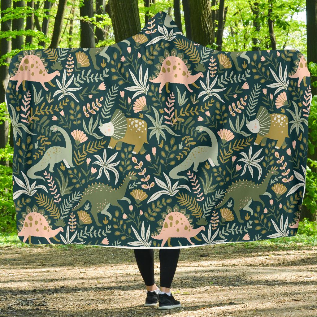 Dino Dinosaur Flower Leaf Pattern Print Hooded Blanket-grizzshop