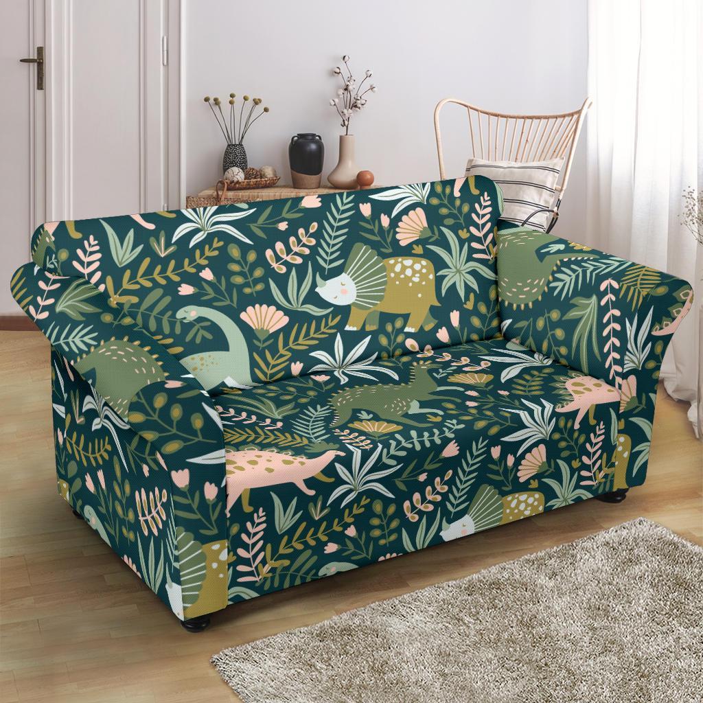 Dino Dinosaur Flower Leaf Pattern Print Loveseat Cover-grizzshop