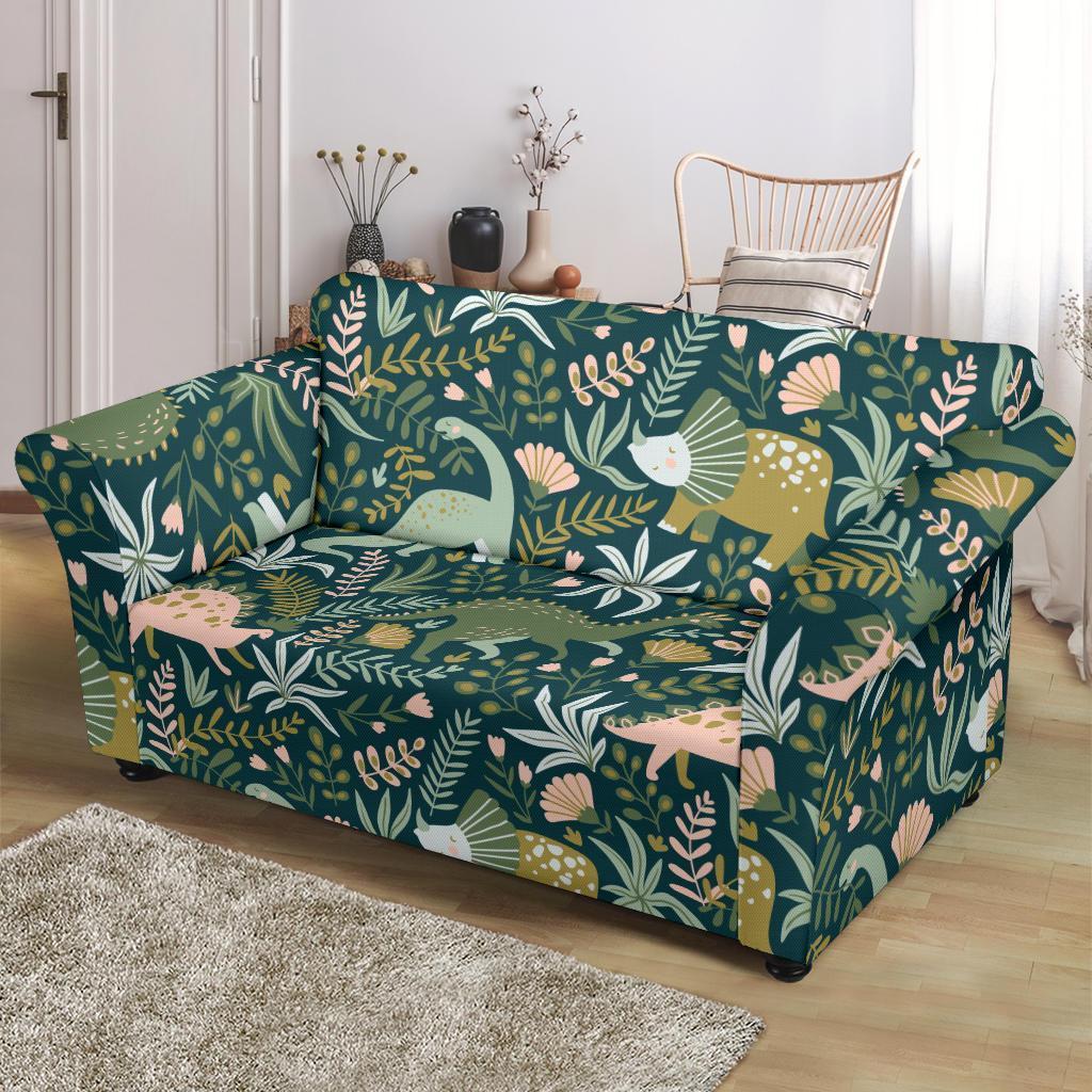 Dino Dinosaur Flower Leaf Pattern Print Loveseat Cover-grizzshop