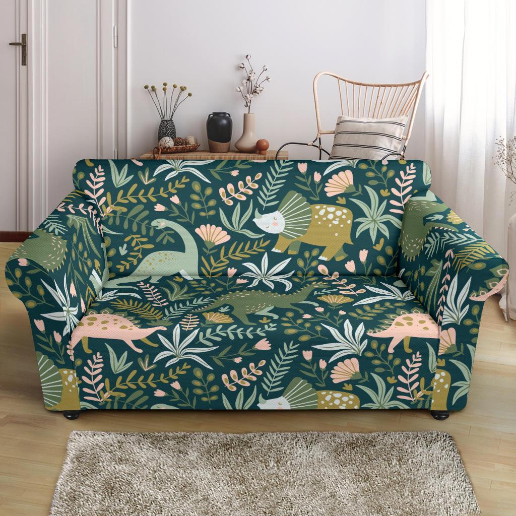 Dino Dinosaur Flower Leaf Pattern Print Loveseat Cover-grizzshop