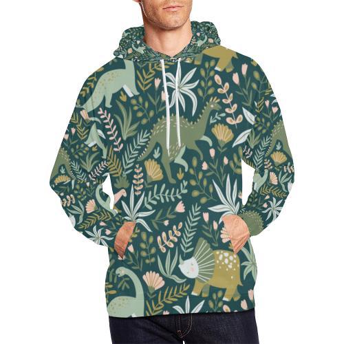 Dino Dinosaur Flower Leaf Pattern Print Men Pullover Hoodie-grizzshop