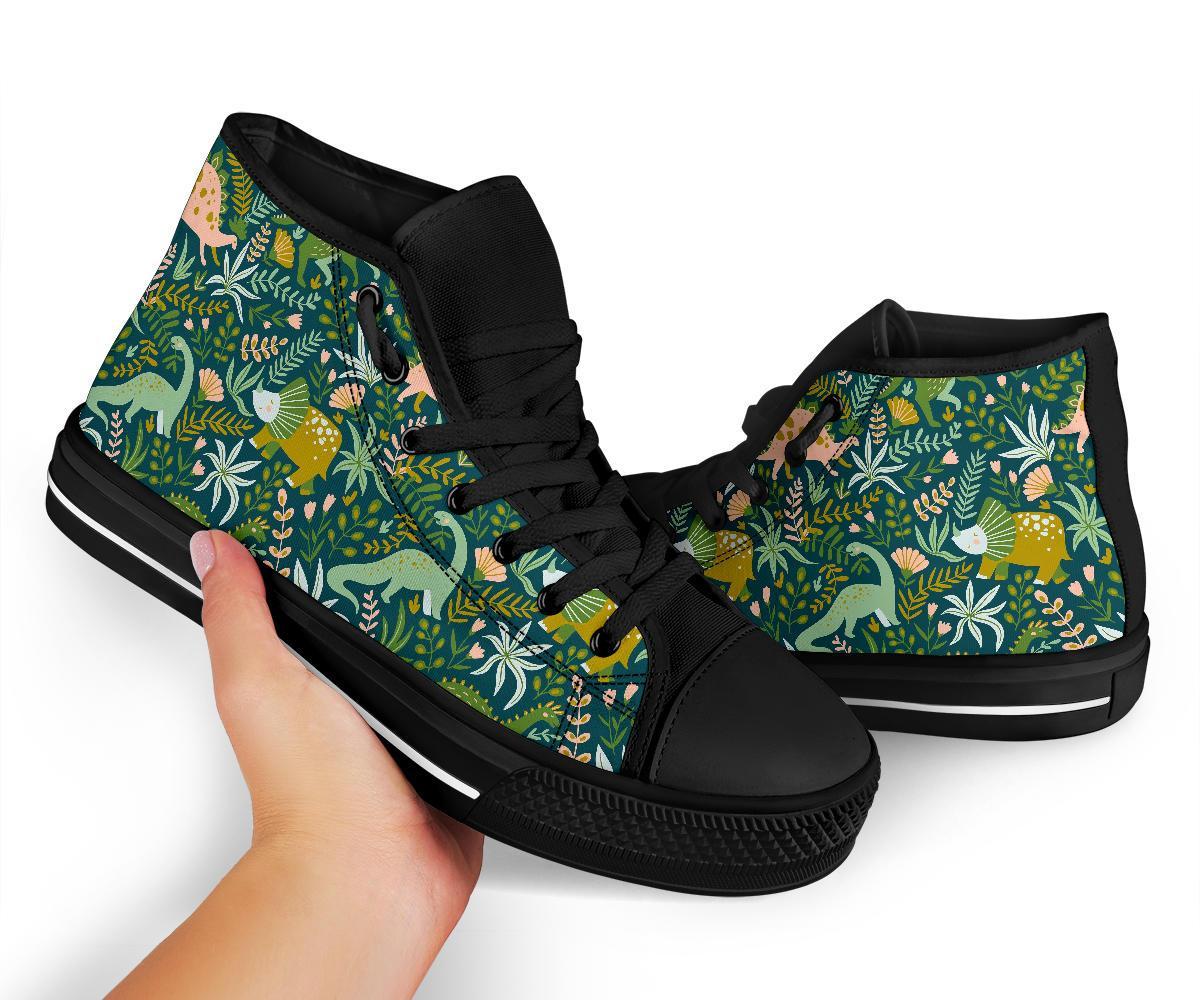 Dino Dinosaur Flower Leaf Pattern Print Men Women's High Top Shoes-grizzshop