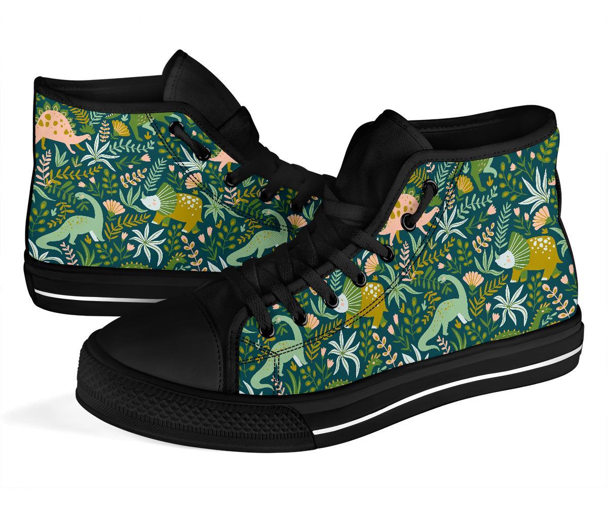 Dino Dinosaur Flower Leaf Pattern Print Men Women's High Top Shoes-grizzshop