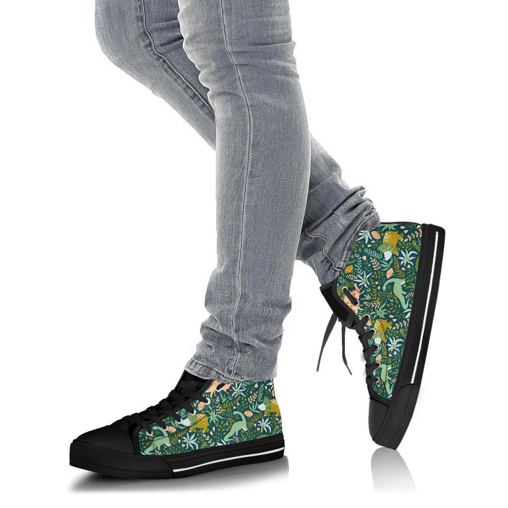 Dino Dinosaur Flower Leaf Pattern Print Men Women's High Top Shoes-grizzshop