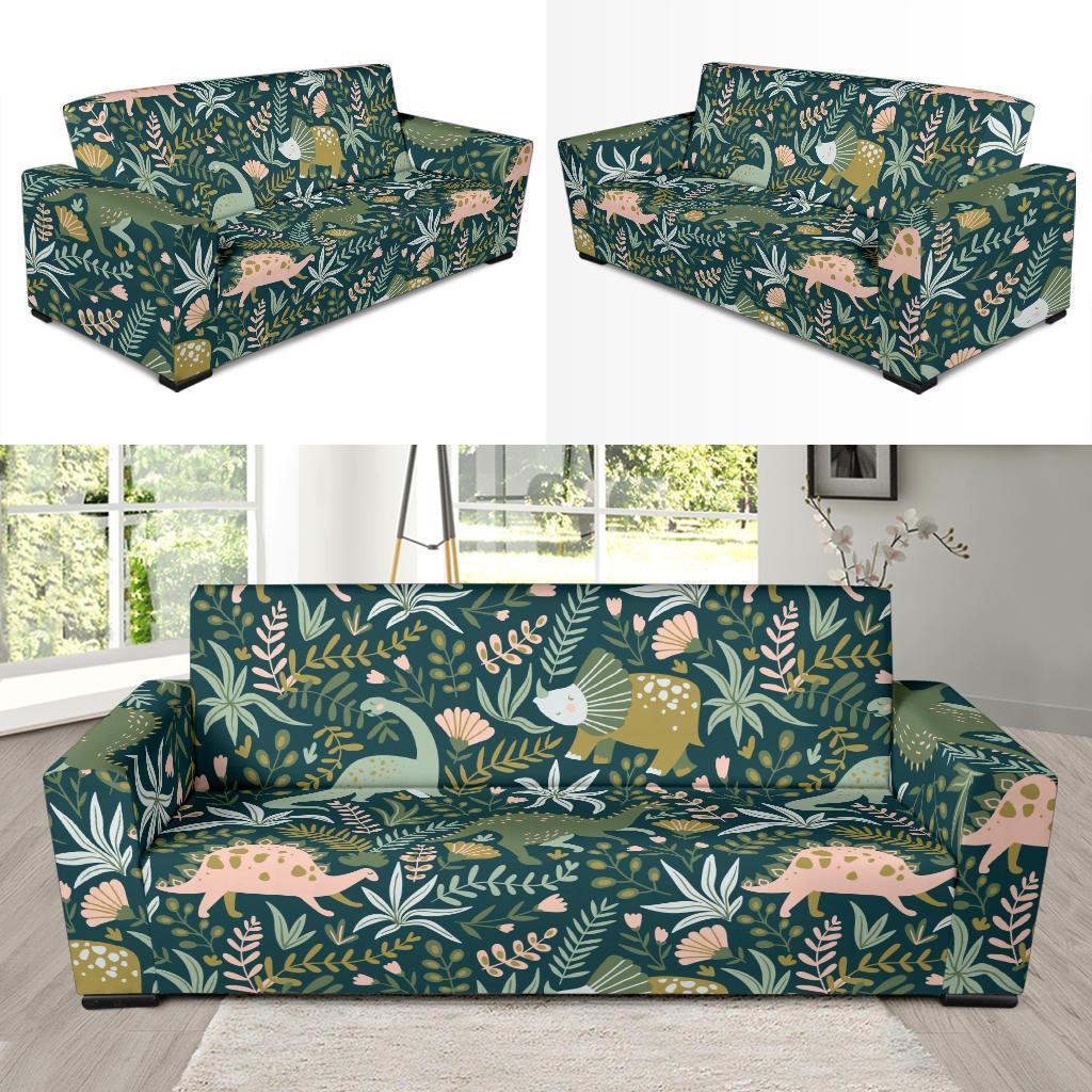 Dino Dinosaur Flower Leaf Pattern Print Sofa Covers-grizzshop