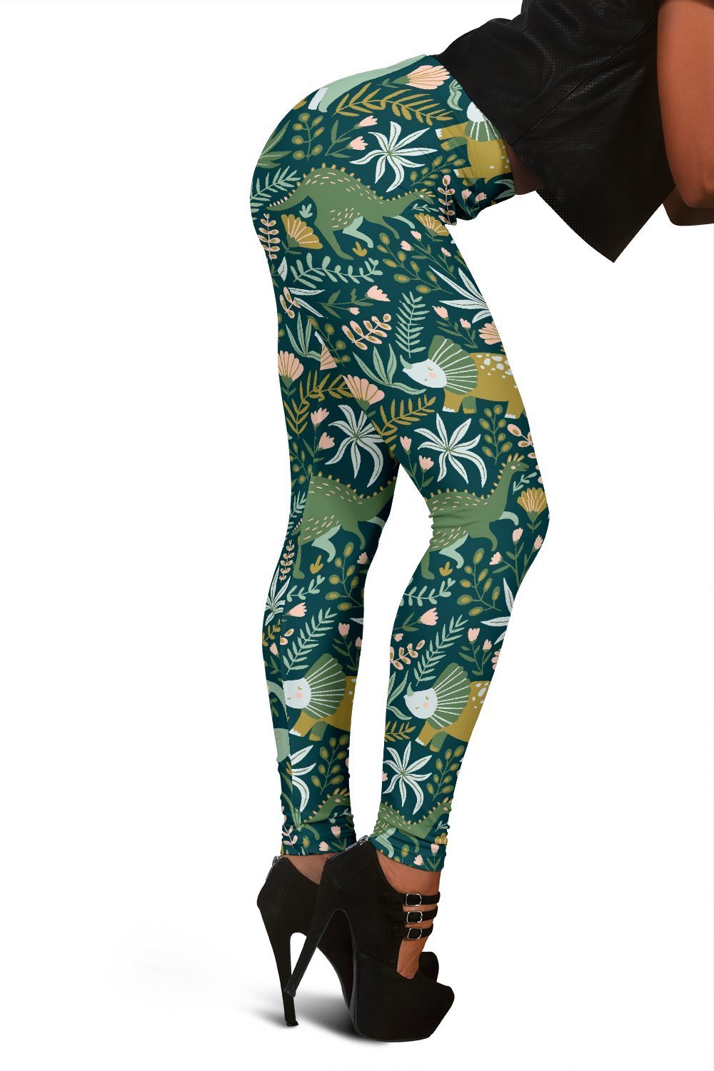 Dino Dinosaur Flower Leaf Pattern Print Women Leggings-grizzshop