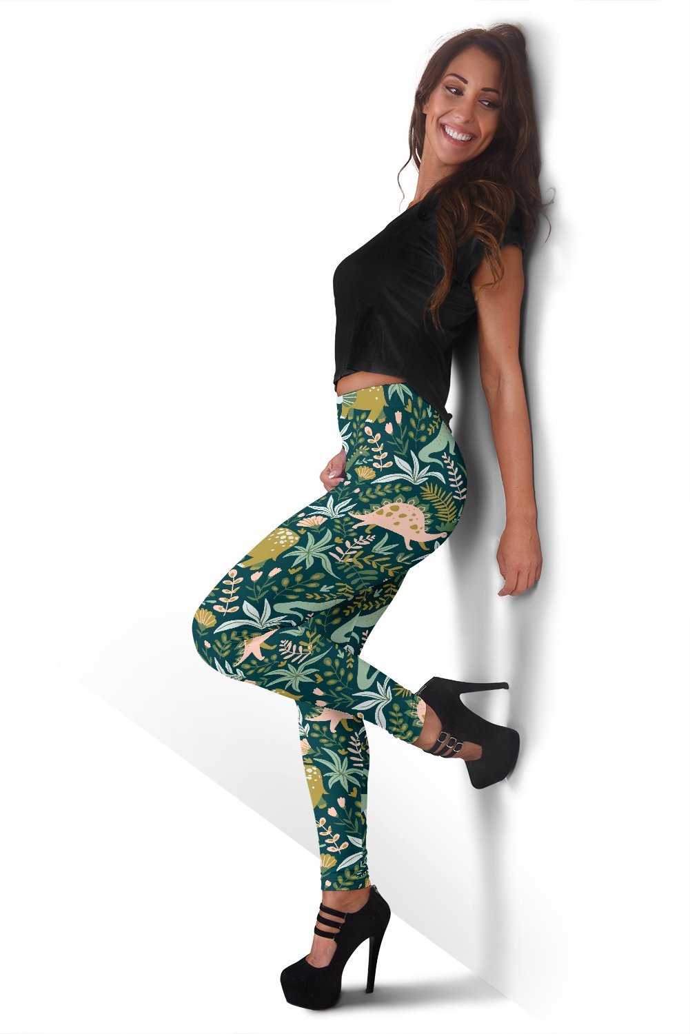 Dino Dinosaur Flower Leaf Pattern Print Women Leggings-grizzshop