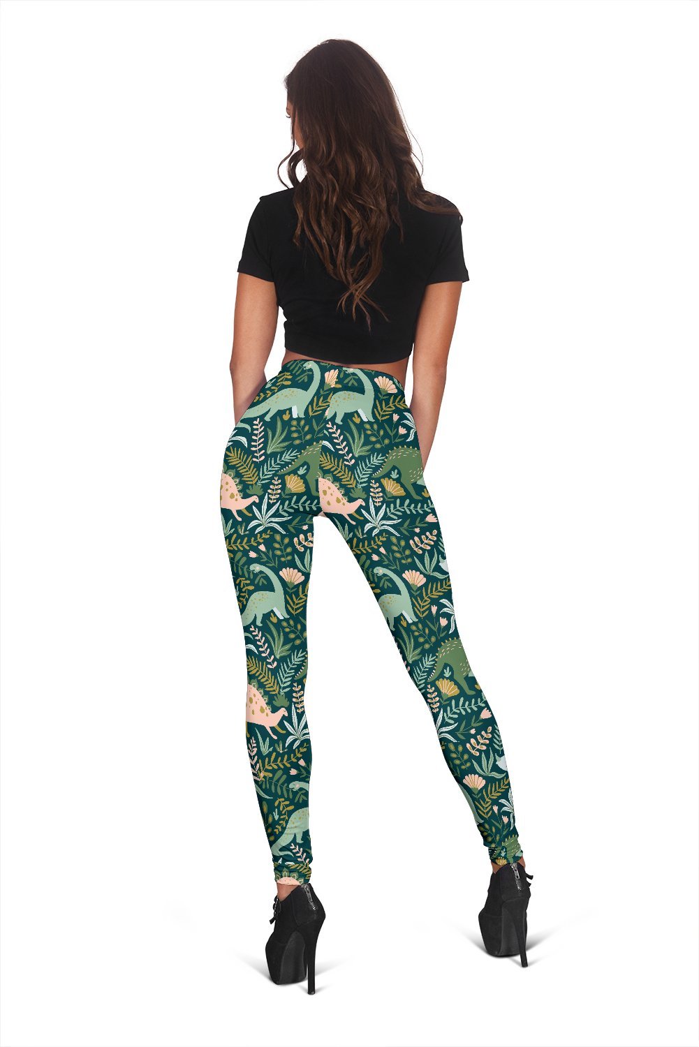 Dino Dinosaur Flower Leaf Pattern Print Women Leggings-grizzshop