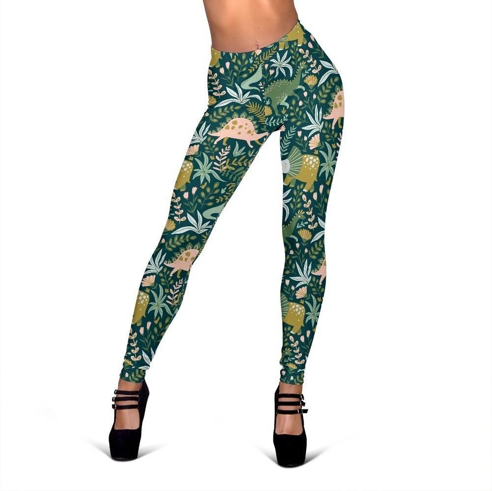 Dino Dinosaur Flower Leaf Pattern Print Women Leggings-grizzshop