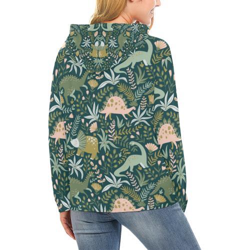 Dino Dinosaur Flower Leaf Pattern Print Women Pullover Hoodie-grizzshop