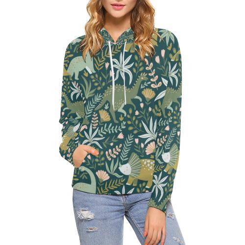 Dino Dinosaur Flower Leaf Pattern Print Women Pullover Hoodie-grizzshop