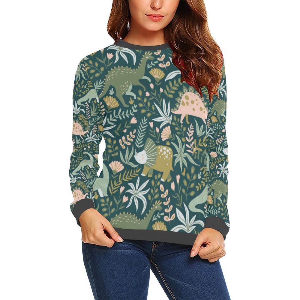 Dino Dinosaur Flower Leaf Pattern Print Women's Sweatshirt-grizzshop
