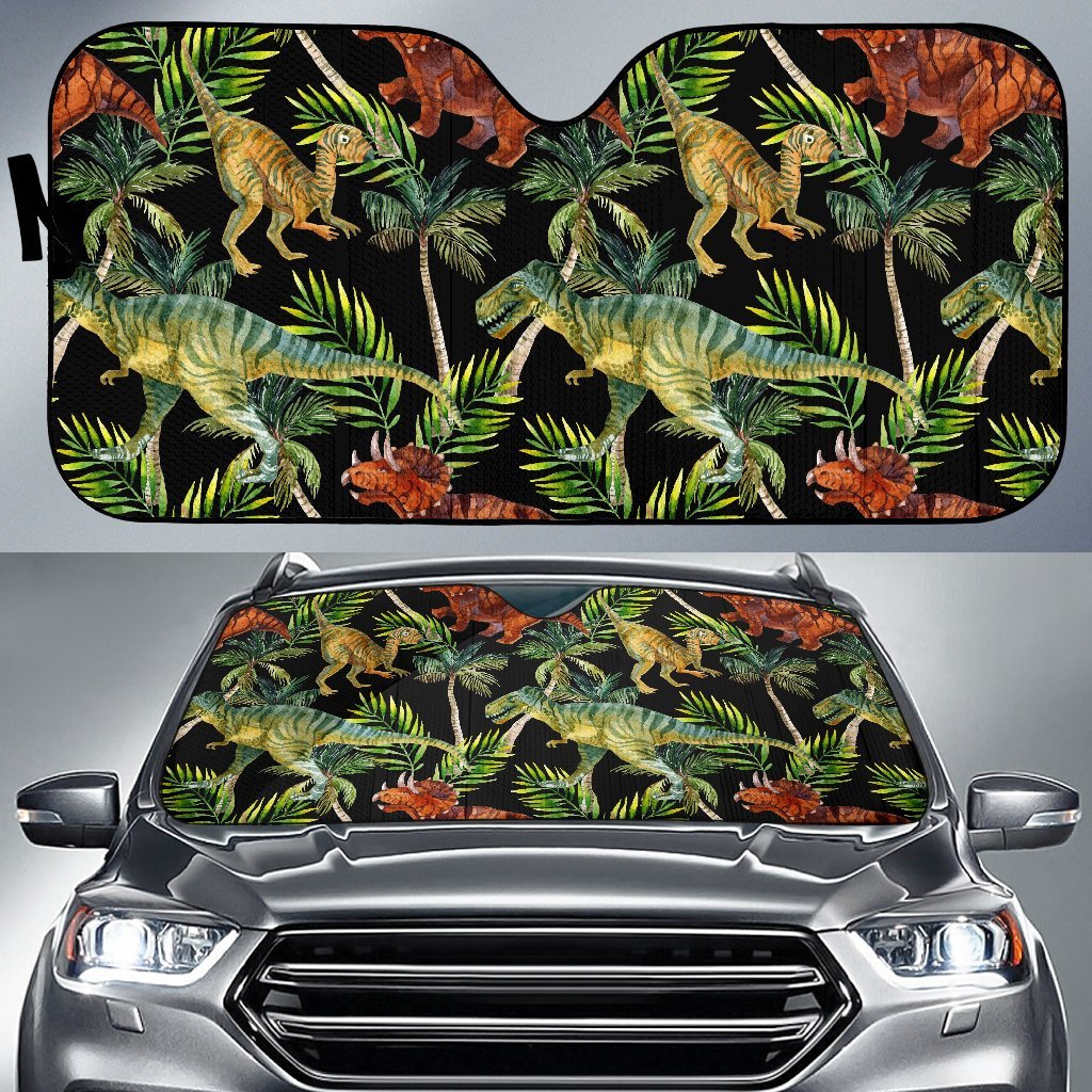 Dino Dinosaur Palm Leaf Pattern Print Car Sun Shade-grizzshop