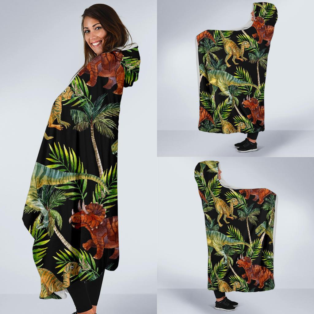 Dino Dinosaur Palm Leaf Pattern Print Hooded Blanket-grizzshop