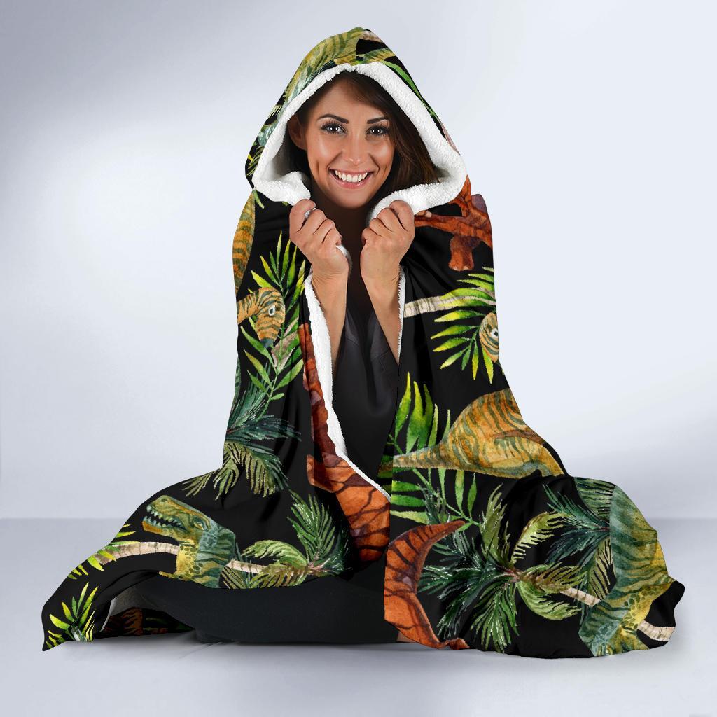 Dino Dinosaur Palm Leaf Pattern Print Hooded Blanket-grizzshop