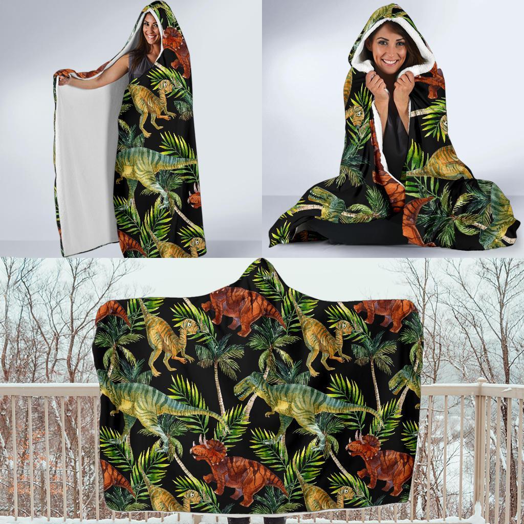 Dino Dinosaur Palm Leaf Pattern Print Hooded Blanket-grizzshop