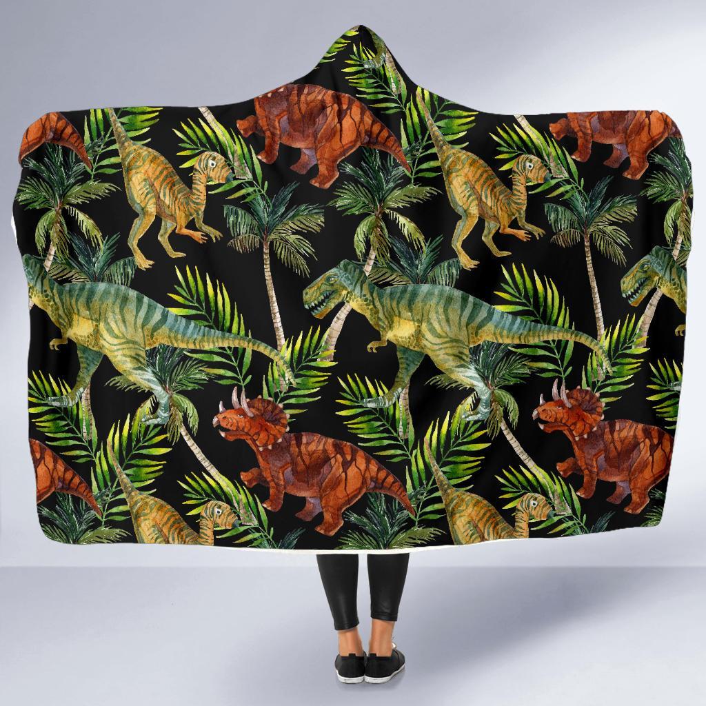 Dino Dinosaur Palm Leaf Pattern Print Hooded Blanket-grizzshop