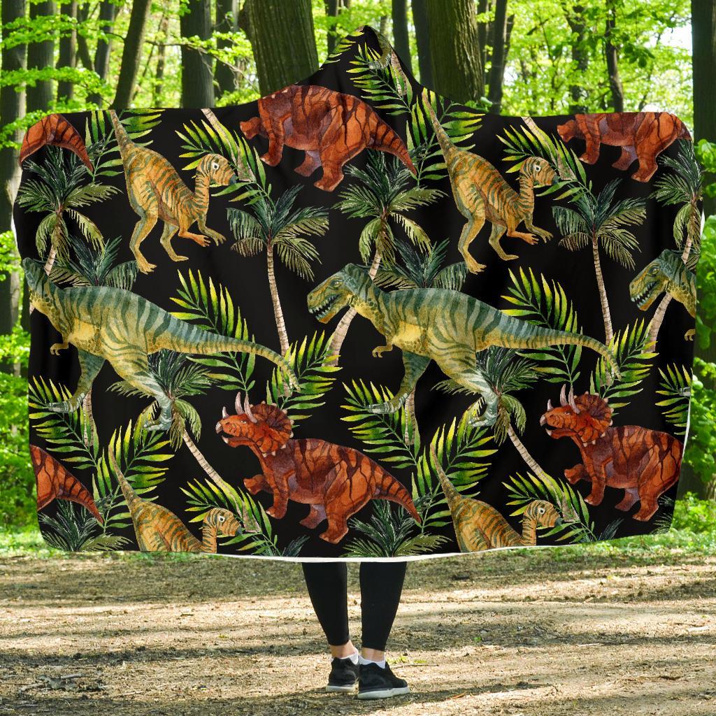 Dino Dinosaur Palm Leaf Pattern Print Hooded Blanket-grizzshop