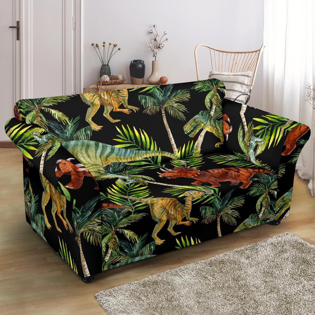 Dino Dinosaur Palm Leaf Pattern Print Loveseat Cover-grizzshop