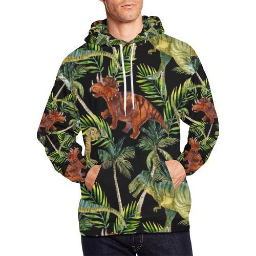 Dino Dinosaur Palm Leaf Pattern Print Men Pullover Hoodie-grizzshop