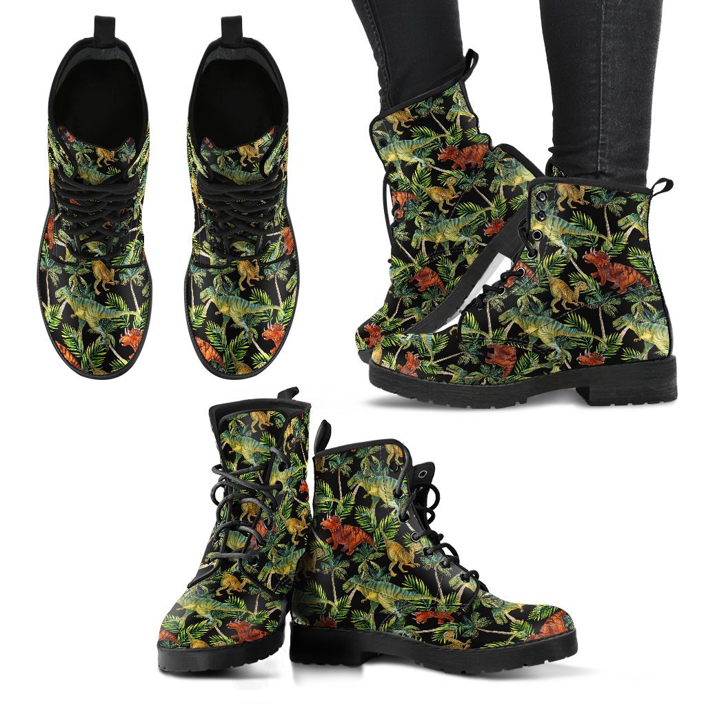 Dino Dinosaur Palm Leaf Pattern Print Men Women Leather Boots-grizzshop