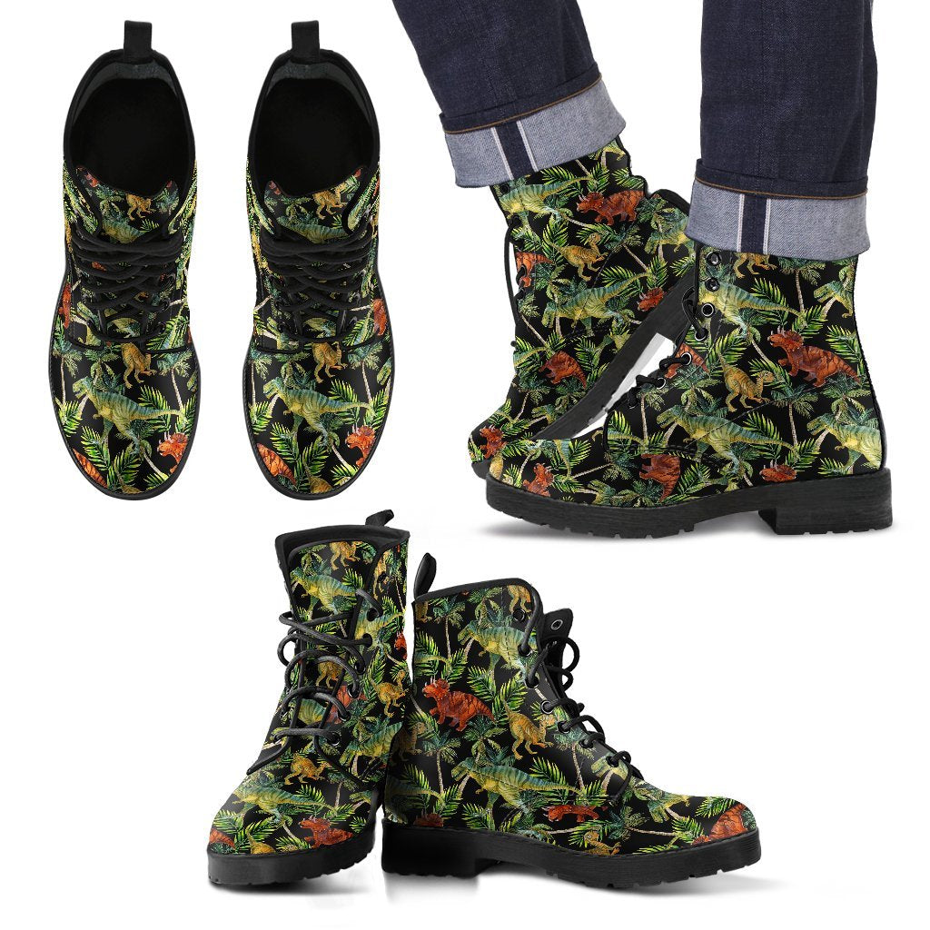 Dino Dinosaur Palm Leaf Pattern Print Men Women Leather Boots-grizzshop