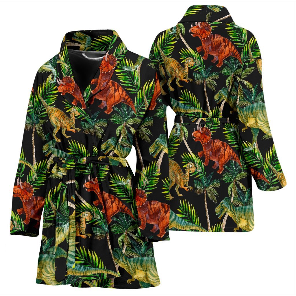 Dino Dinosaur Palm Leaf Pattern Print Women Long Robe-grizzshop