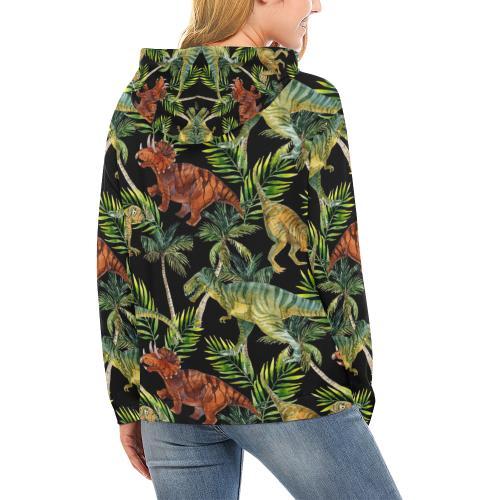 Dino Dinosaur Palm Leaf Pattern Print Women Pullover Hoodie-grizzshop