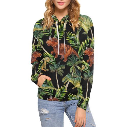 Dino Dinosaur Palm Leaf Pattern Print Women Pullover Hoodie-grizzshop