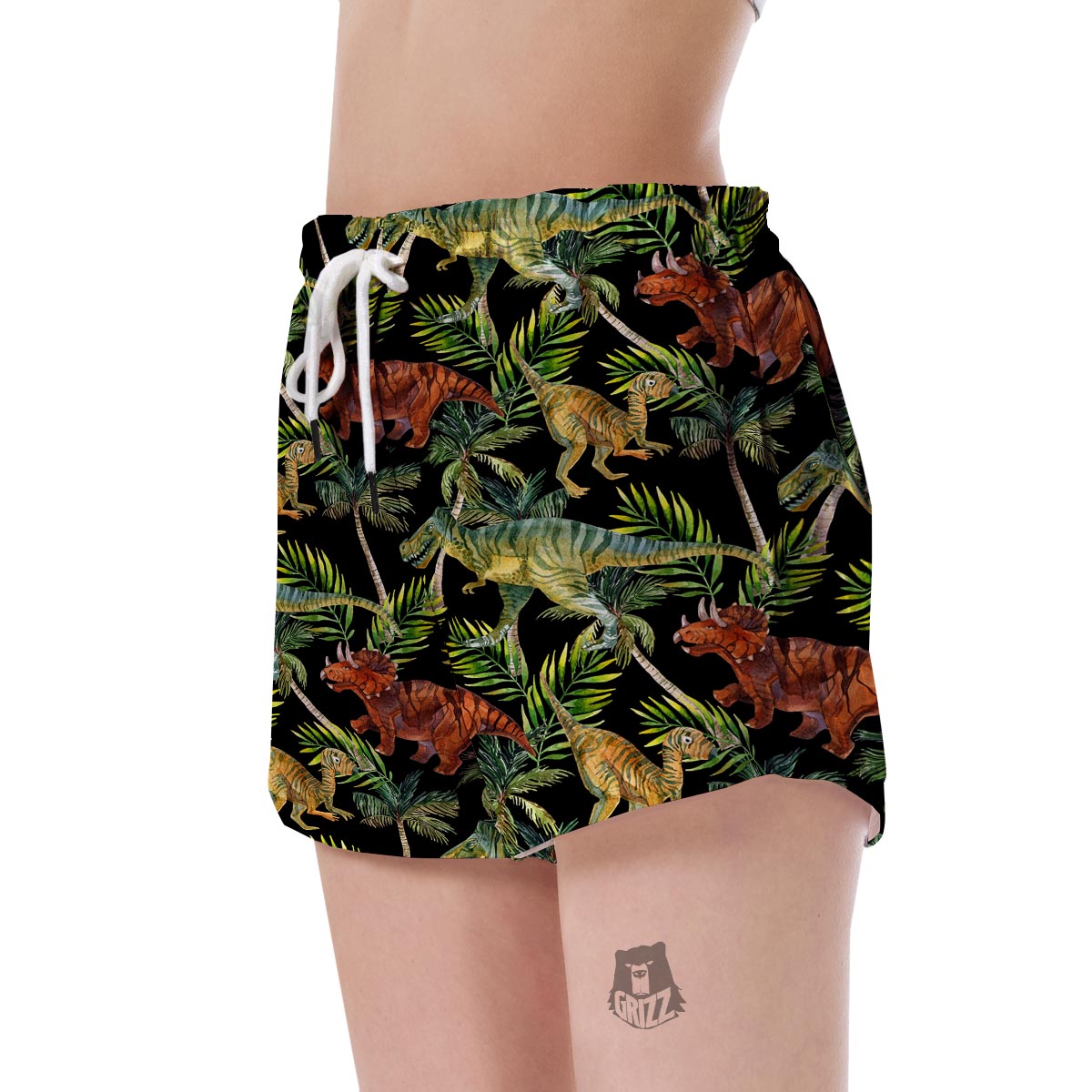 Dino Dinosaur Palm Leaf Pattern Print Women's Shorts-grizzshop