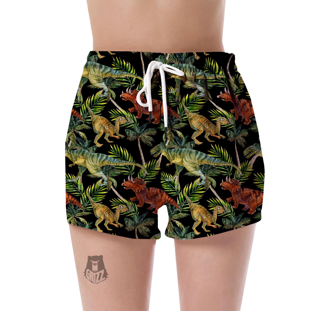 Dino Dinosaur Palm Leaf Pattern Print Women's Shorts-grizzshop