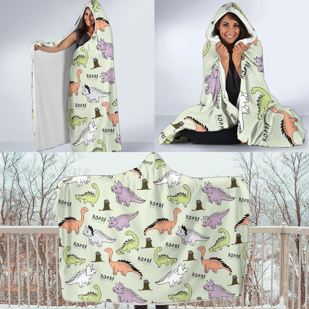Dino Roar Dinosaur Pattern Print Hooded Blanket-grizzshop