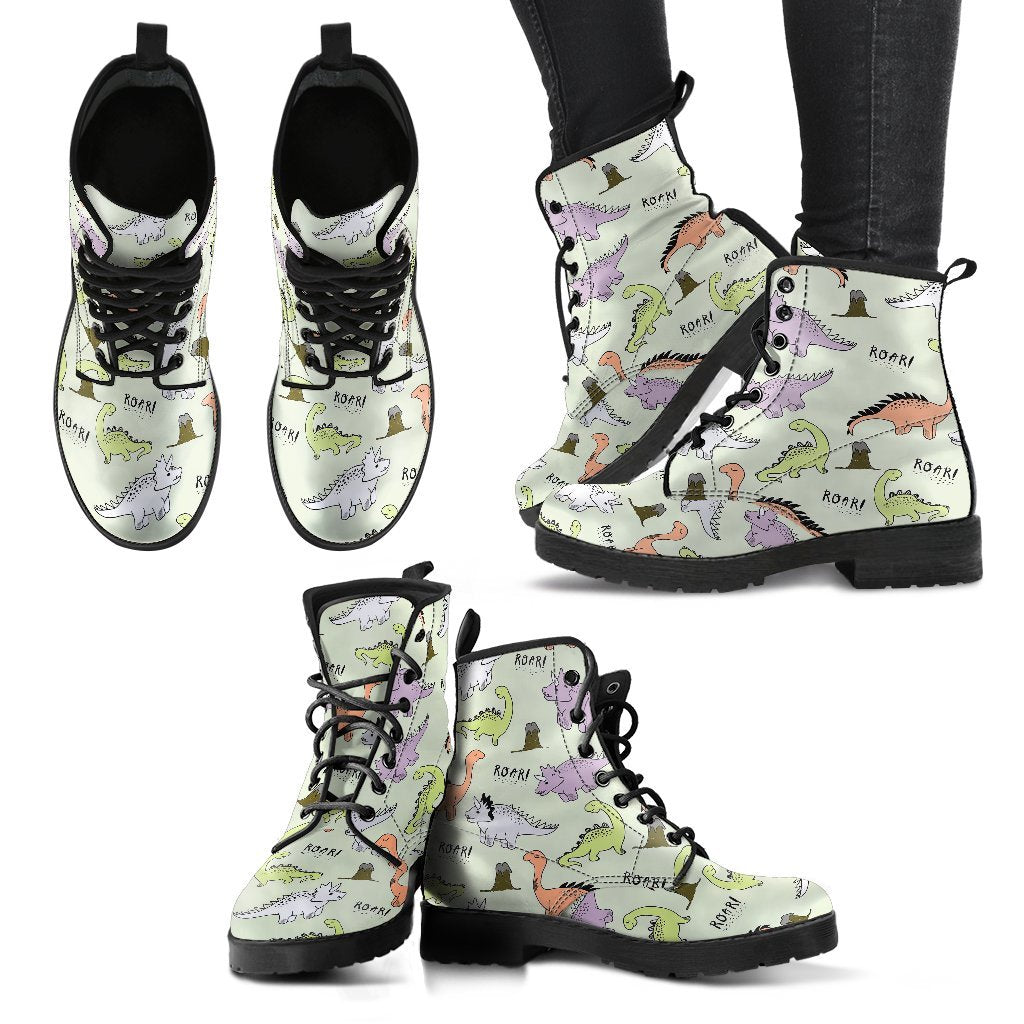Dino Roar Dinosaur Pattern Print Men Women Leather Boots-grizzshop