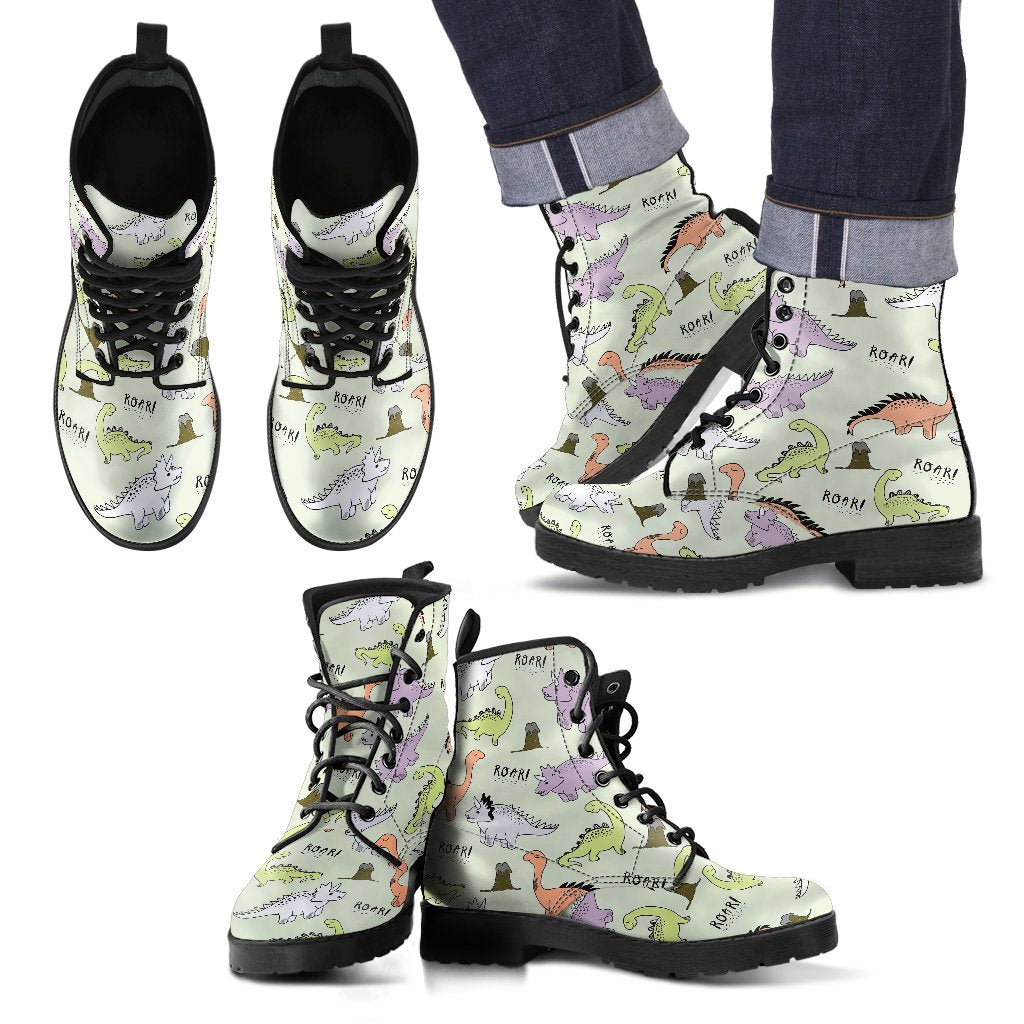 Dino Roar Dinosaur Pattern Print Men Women Leather Boots-grizzshop