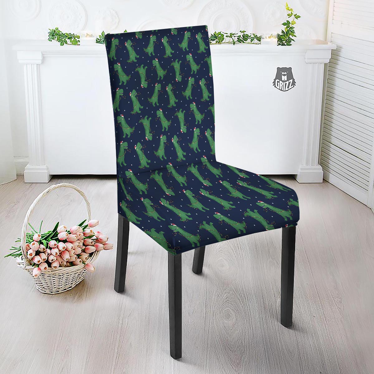 Dino T-Rex Christmas Santa Claus Print Pattern Dining Chair Slipcover-grizzshop