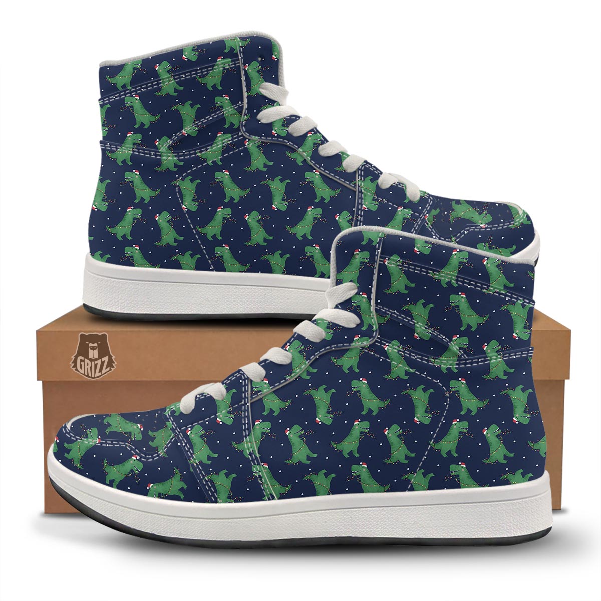 Dino T-Rex Christmas Santa Claus Print Pattern High Top Sneakers-grizzshop