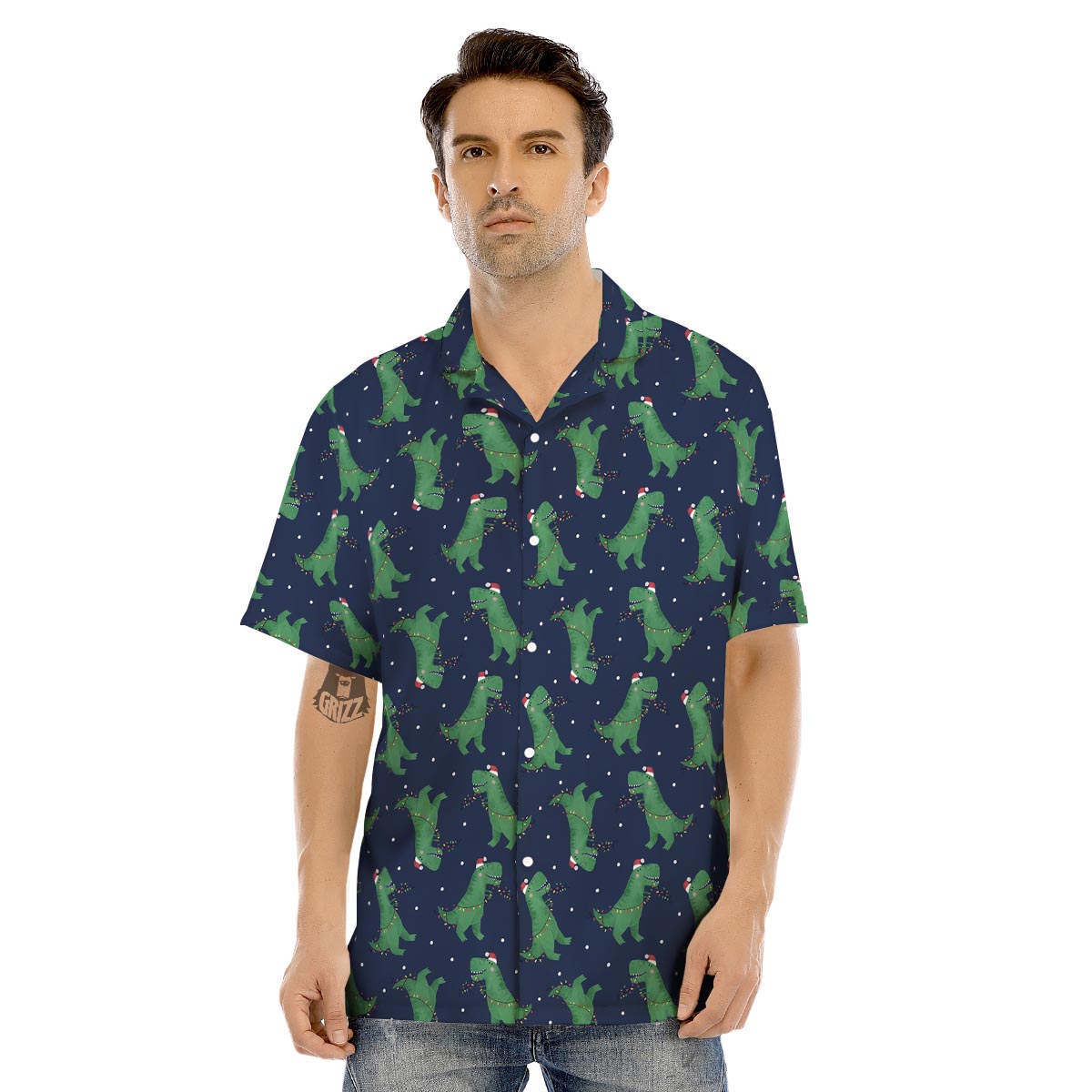 Dino T-Rex Christmas Santa Claus Print Pattern Men's Hawaiian Shirt-grizzshop