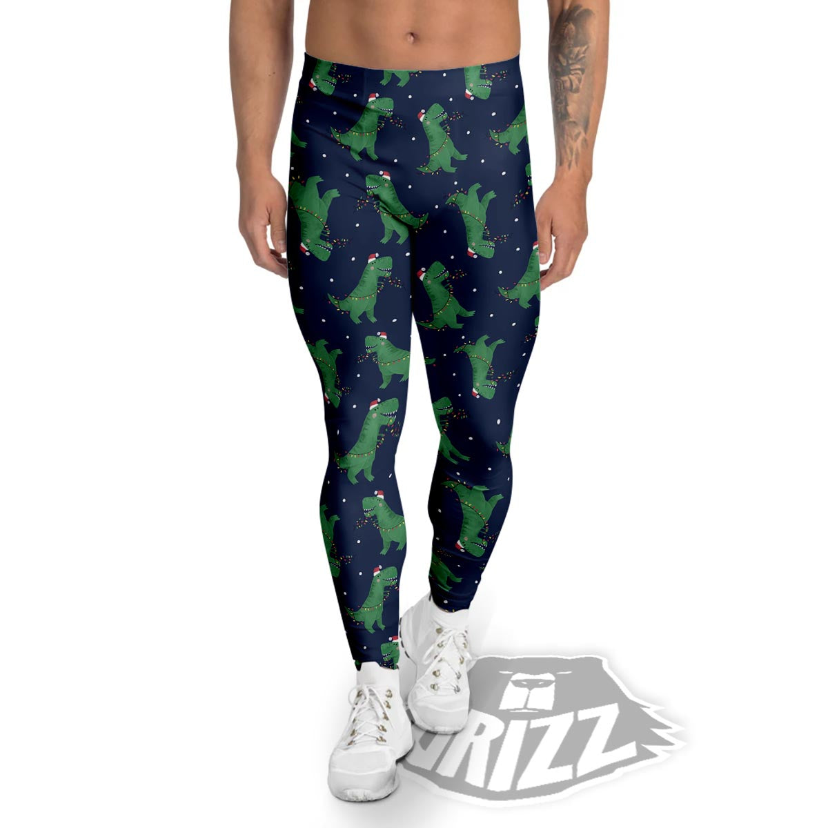 Dino T-Rex Christmas Santa Claus Print Pattern Men's Leggings-grizzshop